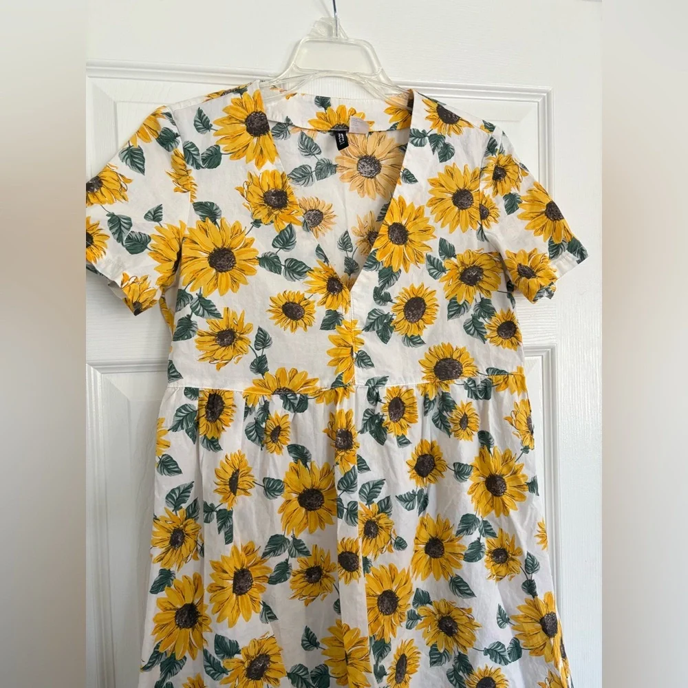 H&M DIVIDED WOMENS EMPIRE WAISTE SUNFLOWER BABYDOLL DRESS HIPPIE BOHO SIZE XS - Picture 6 of 6